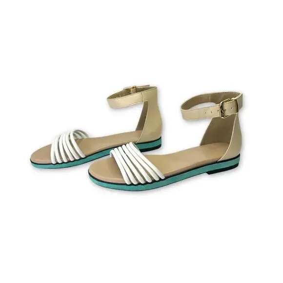 LOGO By Lori Goldstein Women's Grace Sandals US 9.5 Cream Teal Flat Ankle Strap - Picture 7 of 12
